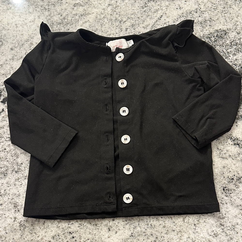 Mila & Rose Boutique ruffle shoulder black cardigan sweater with‎ white buttons